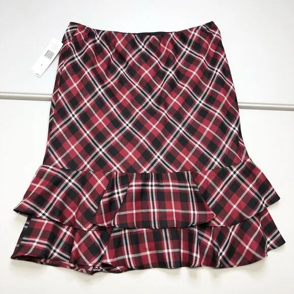 Lauren Ralph Lauren Skirt Red Tartan Plaid Ruffles Knee Length Pull On Women L