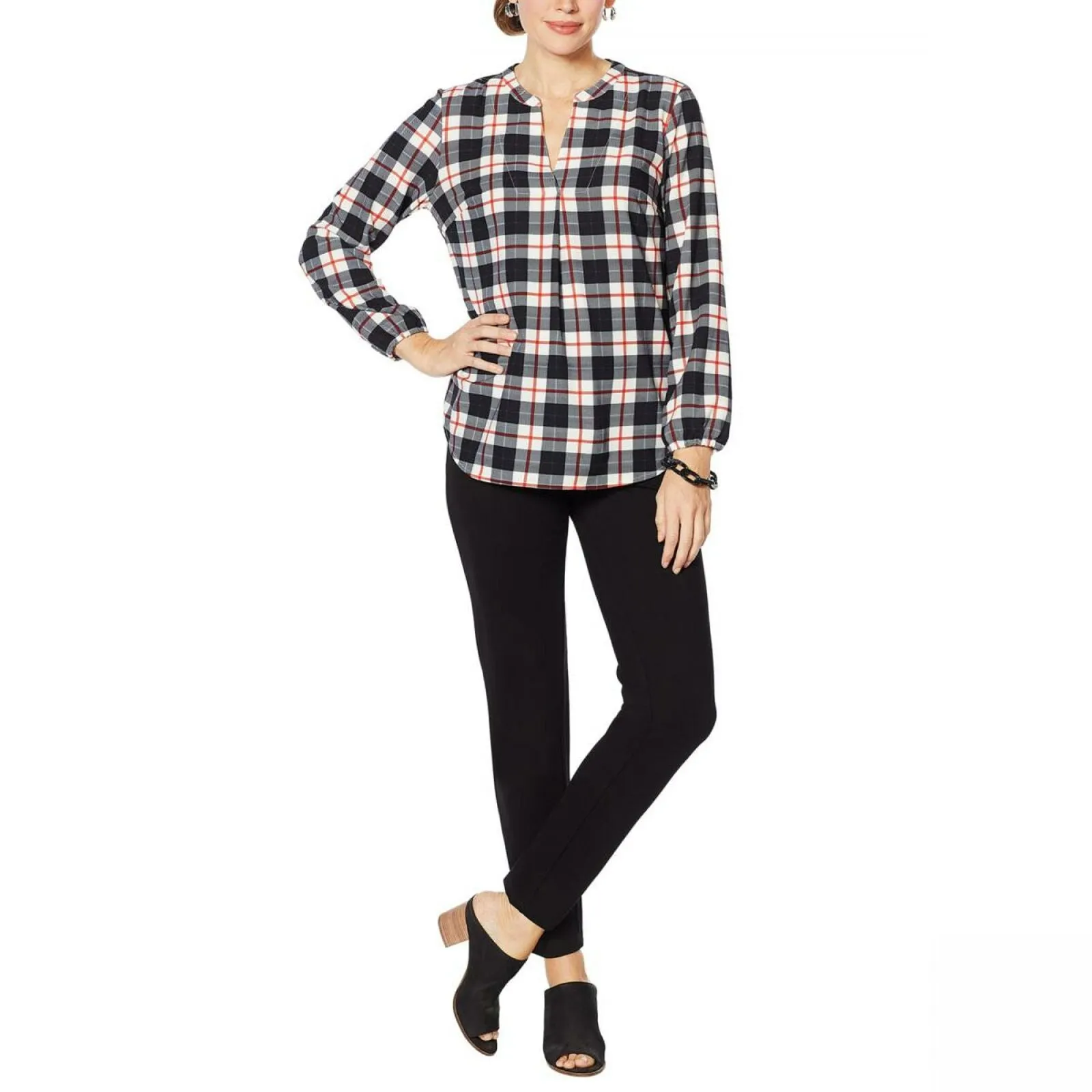 Lemon Way Women's Plaid Woven Long Sleeve Blouse
