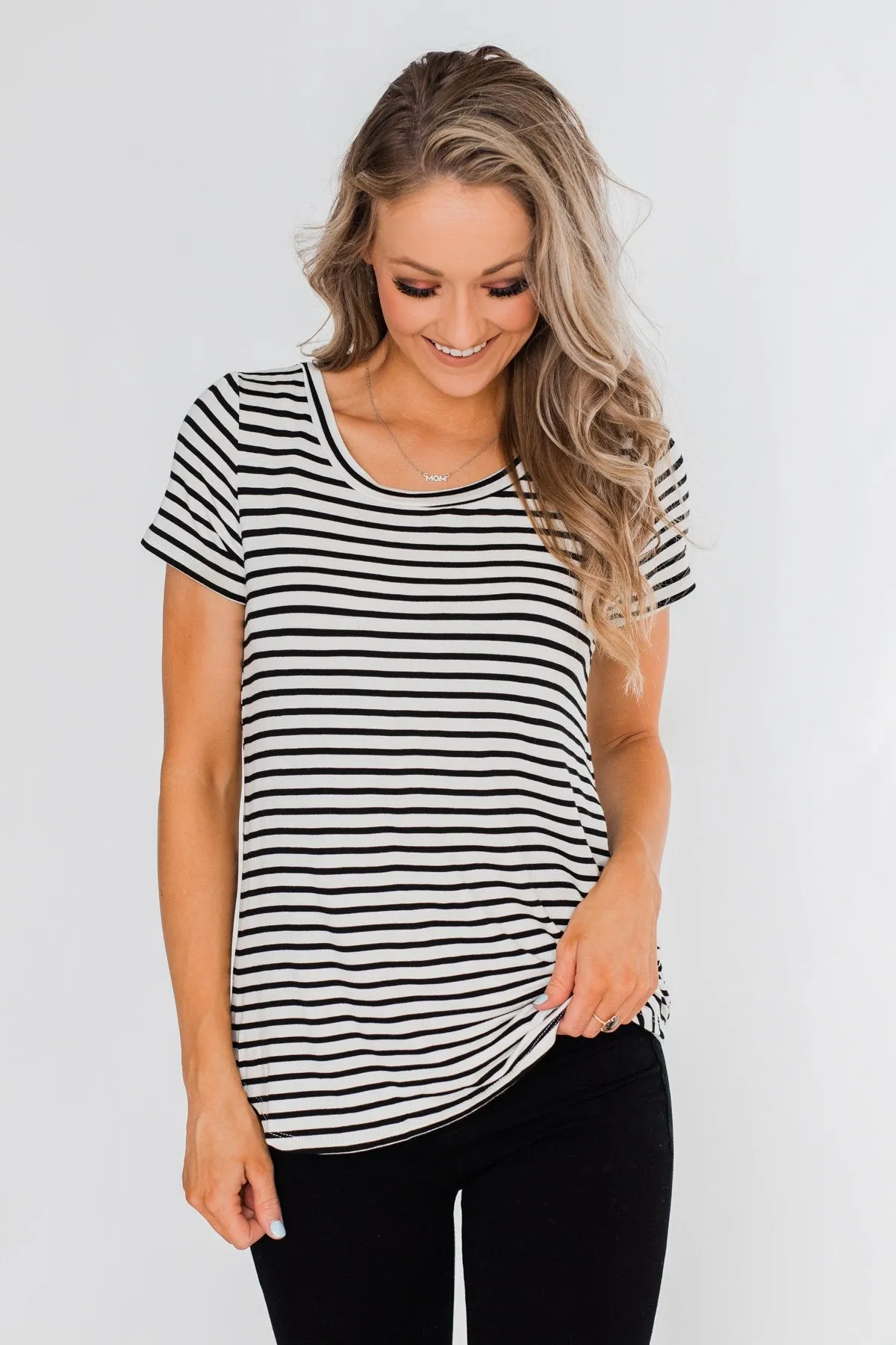Lift Me Up Short Sleeve Striped Top- Black & Ivory