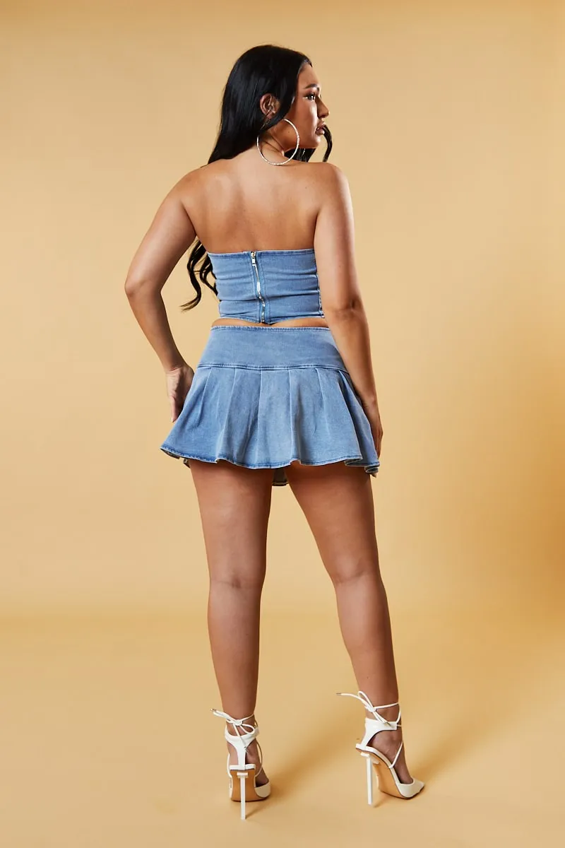 Light Blue Denim Corset Top & Pleated Mini Skirt Co-ord Set - Roza