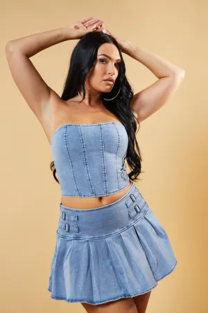 Light Blue Denim Corset Top & Pleated Mini Skirt Co-ord Set - Roza