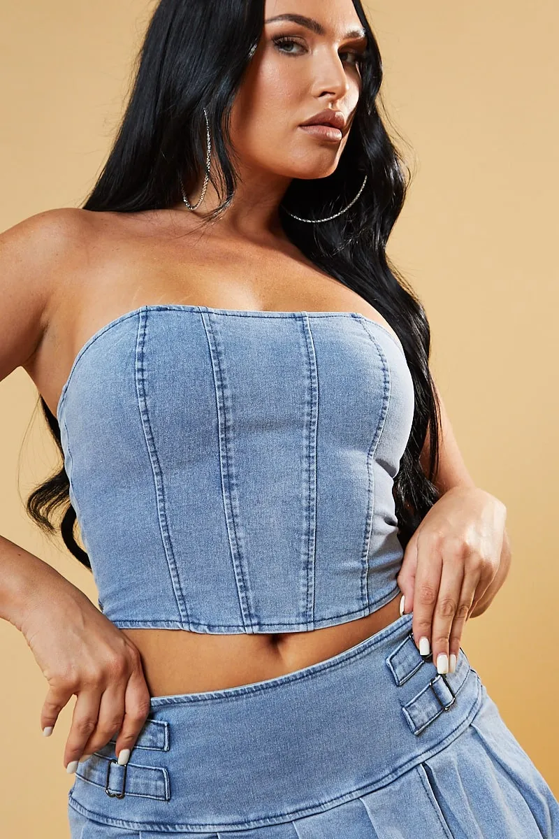 Light Blue Denim Corset Top & Pleated Mini Skirt Co-ord Set - Roza