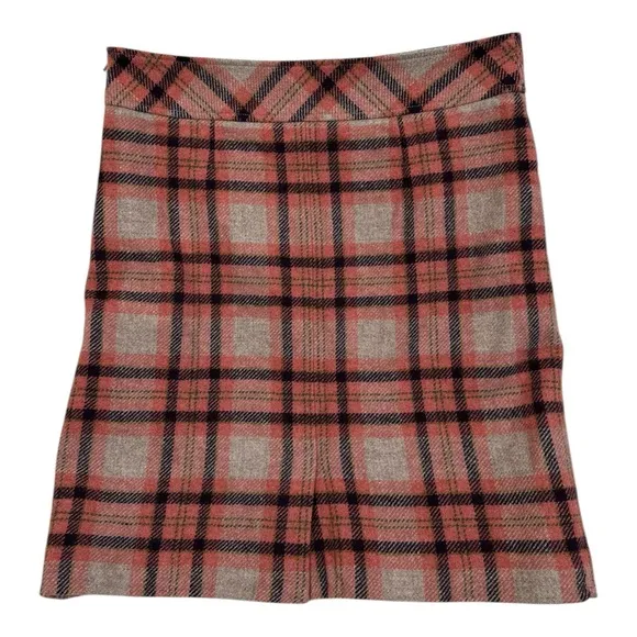 LL Bean Wool Plaid Tartan Skirt Straight Coral Orange Pink Wine - Size 12