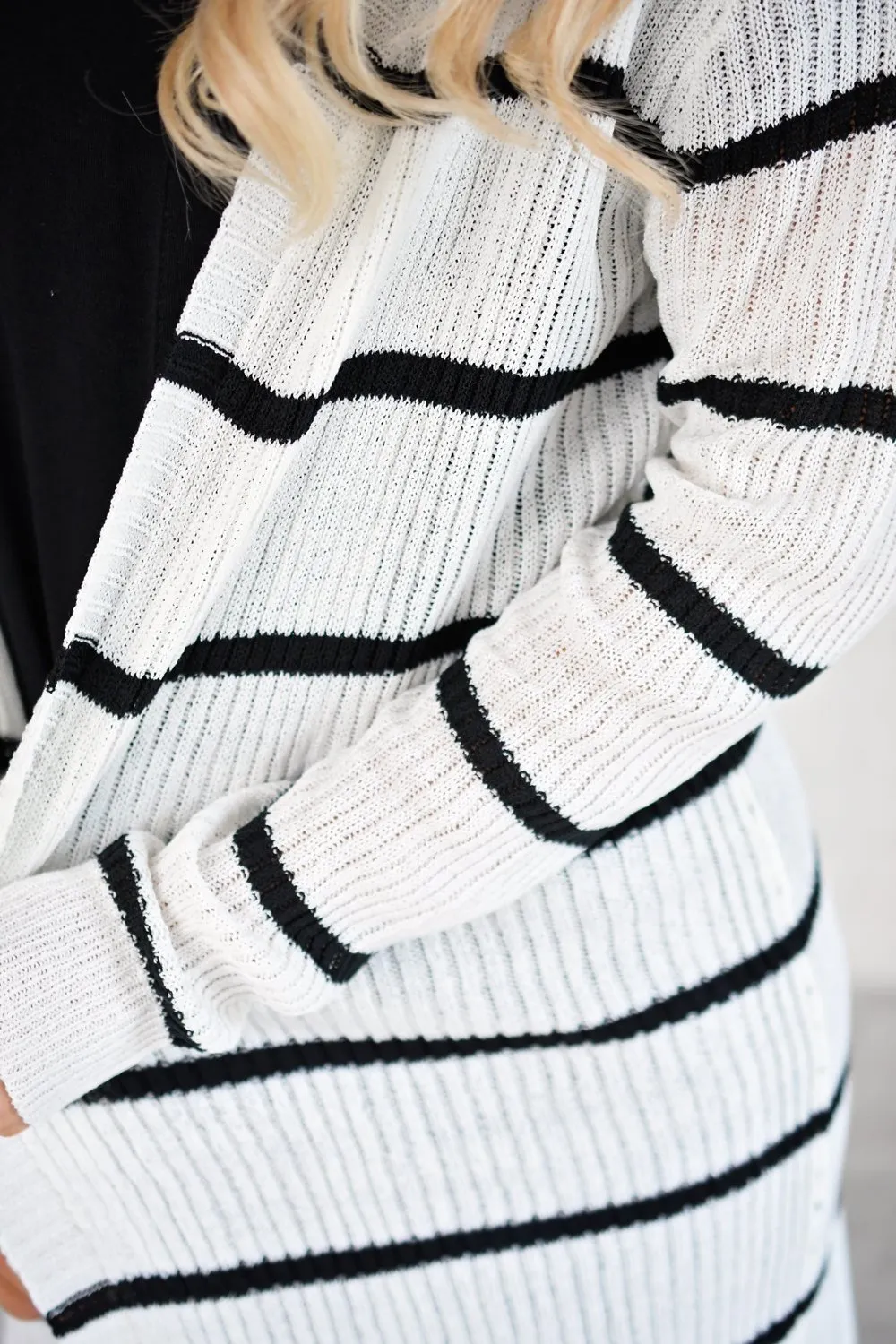 Long Black and White Striped Cardigan