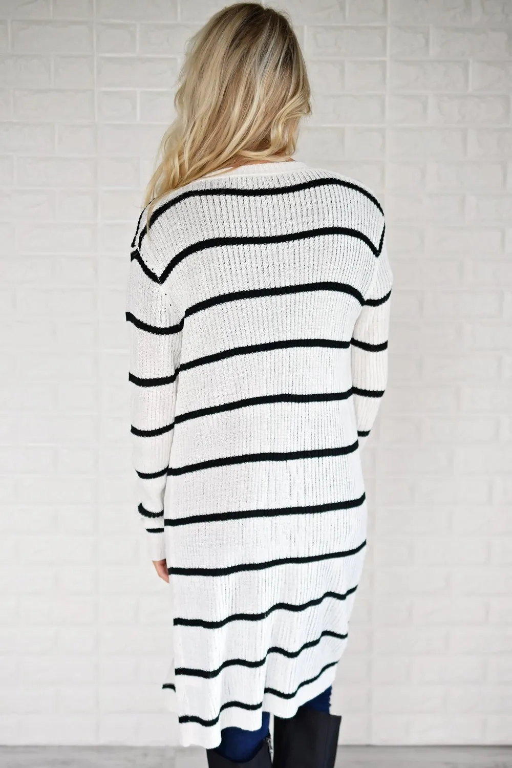 Long Black and White Striped Cardigan