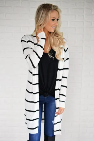 Long Black and White Striped Cardigan