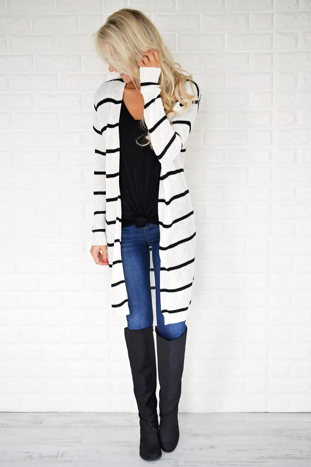 Long Black and White Striped Cardigan