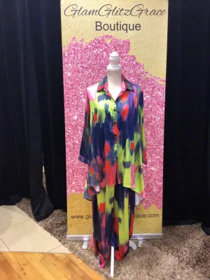 Long Sleeves Button Multicolored Up Flowy Wide Legged Pant Set