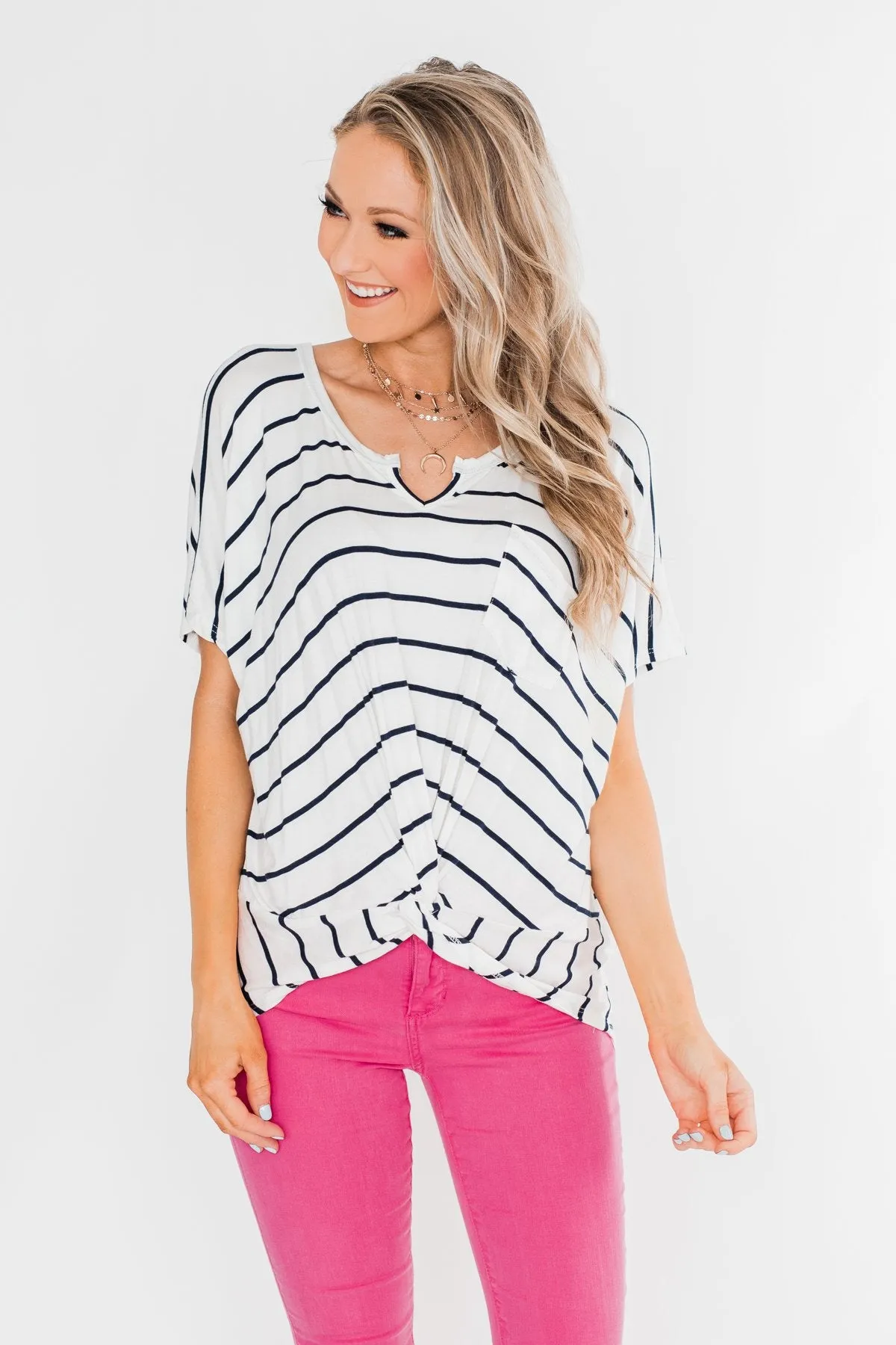 Love Has A Way Short Sleeve Dolman Top- Ivory & Navy