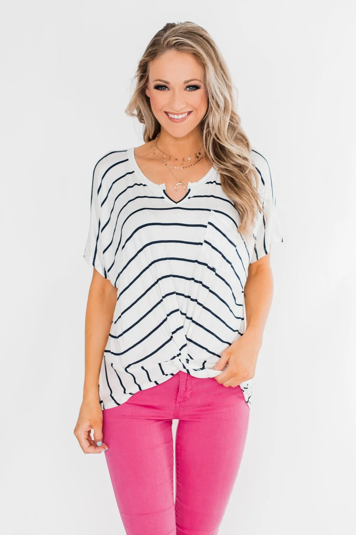 Love Has A Way Short Sleeve Dolman Top- Ivory & Navy