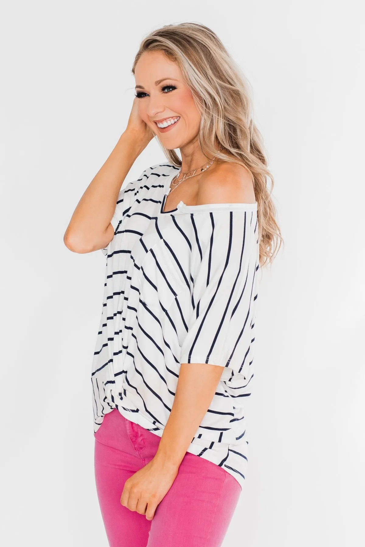 Love Has A Way Short Sleeve Dolman Top- Ivory & Navy