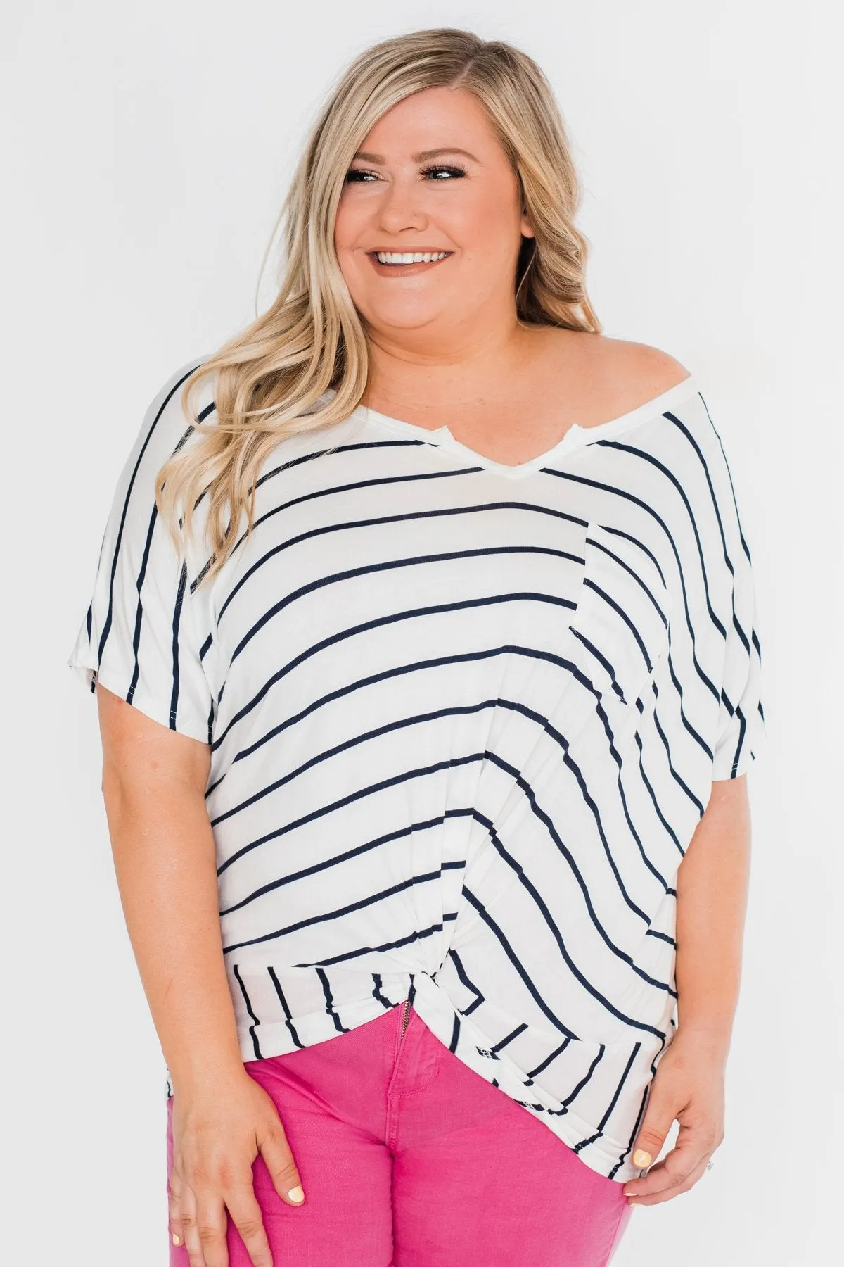 Love Has A Way Short Sleeve Dolman Top- Ivory & Navy
