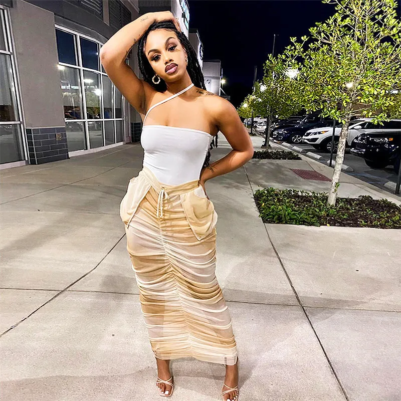 M23SK103European and American Women's Summer New Solid Color Casual Drawstring Pleated Pocket Mesh Slim-Fit Long Skirt