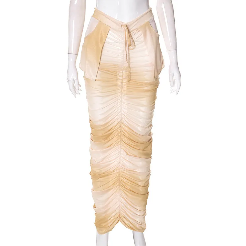 M23SK103European and American Women's Summer New Solid Color Casual Drawstring Pleated Pocket Mesh Slim-Fit Long Skirt