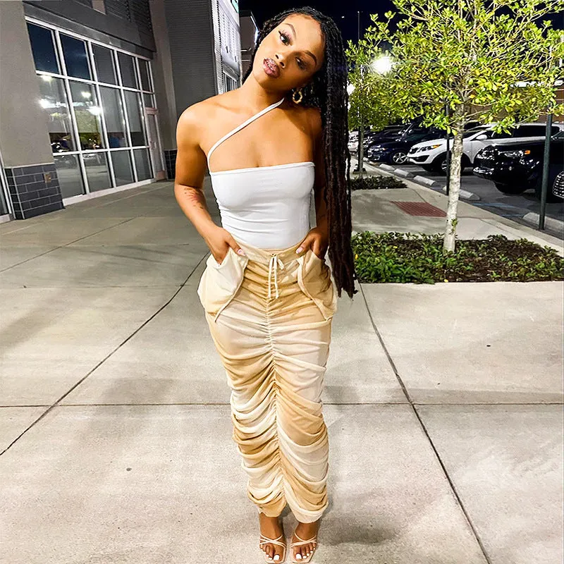 M23SK103European and American Women's Summer New Solid Color Casual Drawstring Pleated Pocket Mesh Slim-Fit Long Skirt
