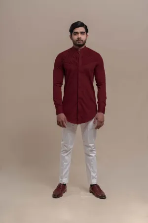 MAROON SMOCKING SHORT KURTA/TUXEDO SHIRT SET