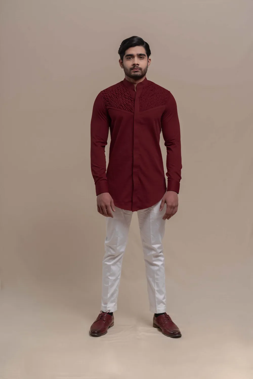 MAROON SMOCKING SHORT KURTA/TUXEDO SHIRT SET