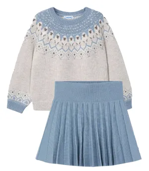 Mayoral 4358 Jacquard Jumper and 4903 Sky Blue Pleated Skirt In Stock Now