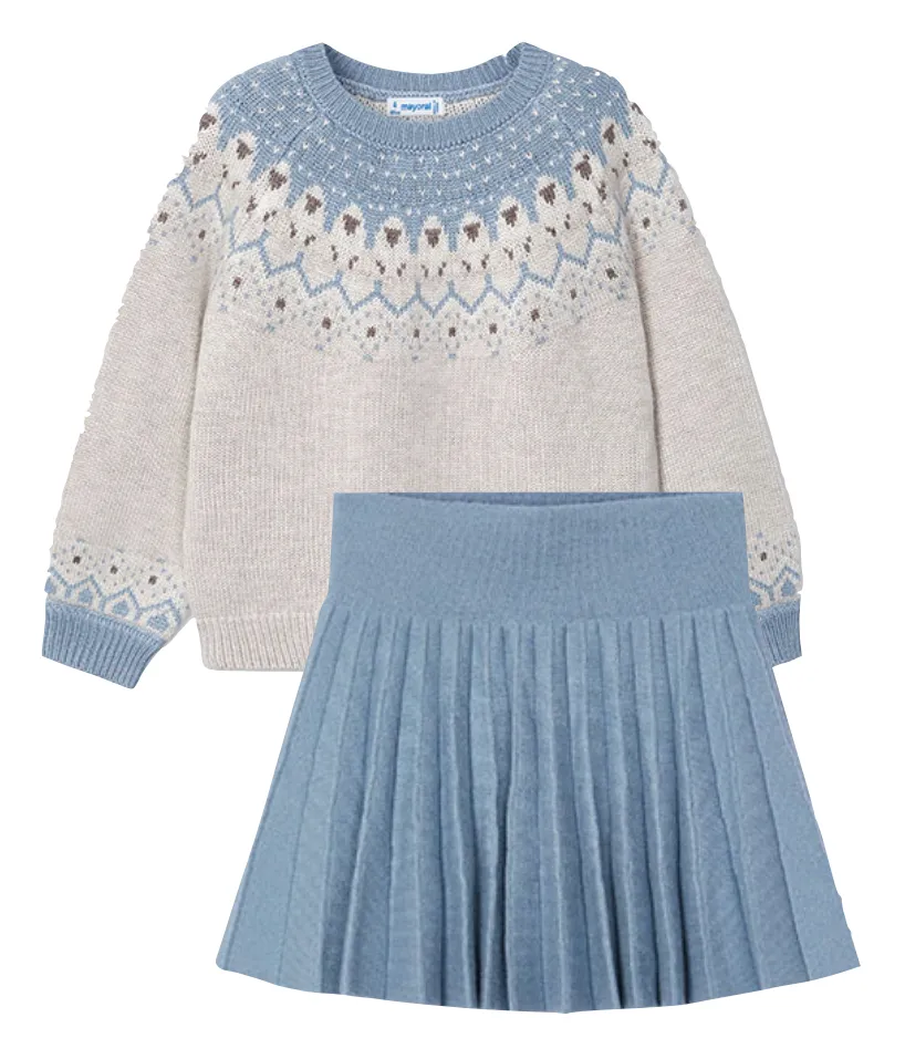 Mayoral 4358 Jacquard Jumper and 4903 Sky Blue Pleated Skirt In Stock Now