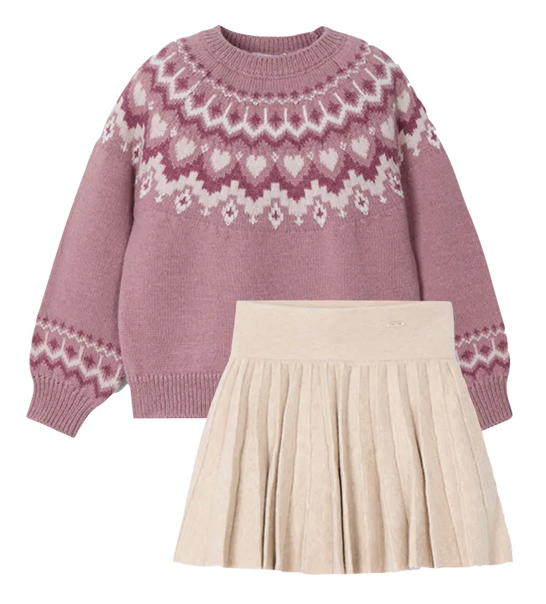 Mayoral 4358 Rose Jacquard Jumper and 4903 Sand Pleated Skirt In Stock Now