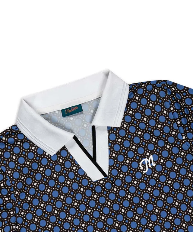MEASPHERA WOMEN REGULAR-FIT OPEN COLLAR PATTERN POLO SHIRT - BLUE