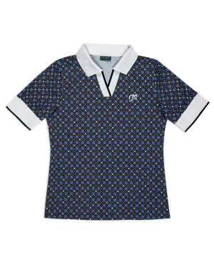 MEASPHERA WOMEN REGULAR-FIT OPEN COLLAR PATTERN POLO SHIRT - BLUE