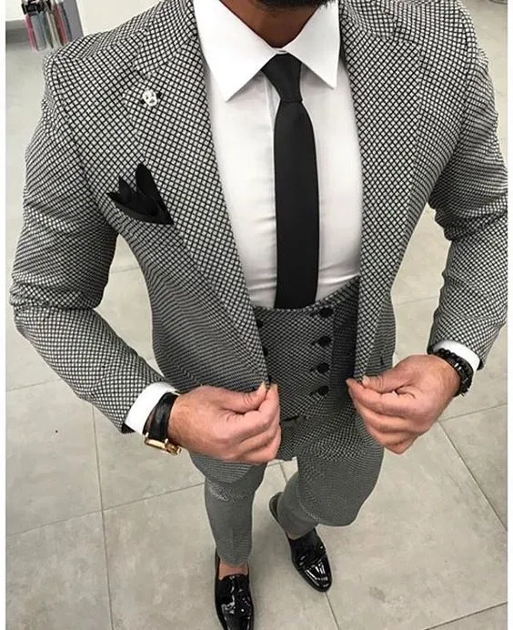 Men's 3pc Tailored Black/White Pattern Suit Up To 6XL (Pants.Vest,Blazer)
