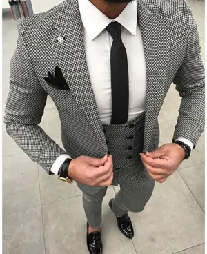 Men's 3pc Tailored Black/White Pattern Suit Up To 6XL (Pants.Vest,Blazer)