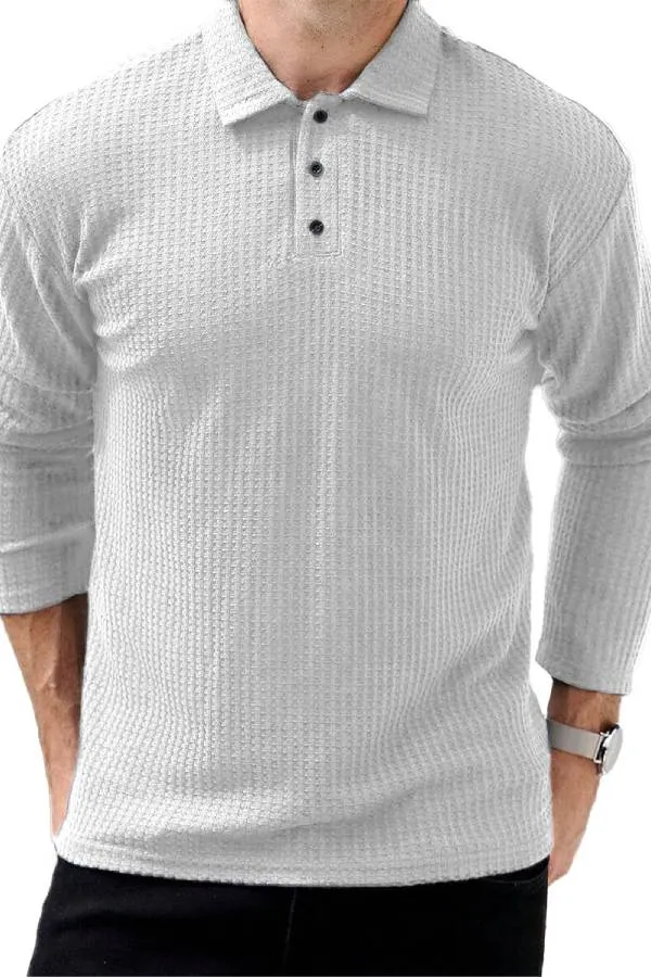 Men's Fashion Vintage Waffle Clothing Lapel Long Sleeve Polo Shirt