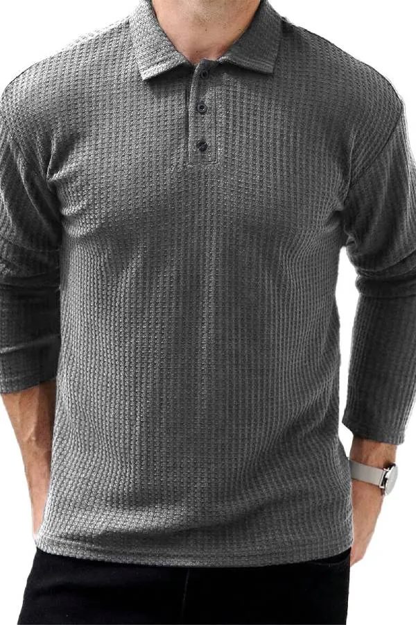 Men's Fashion Vintage Waffle Clothing Lapel Long Sleeve Polo Shirt