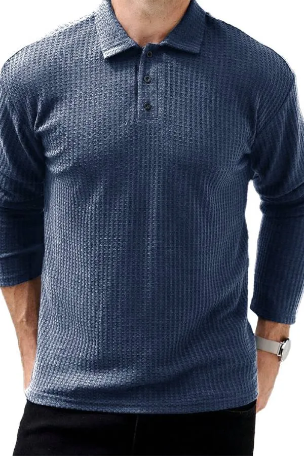 Men's Fashion Vintage Waffle Clothing Lapel Long Sleeve Polo Shirt