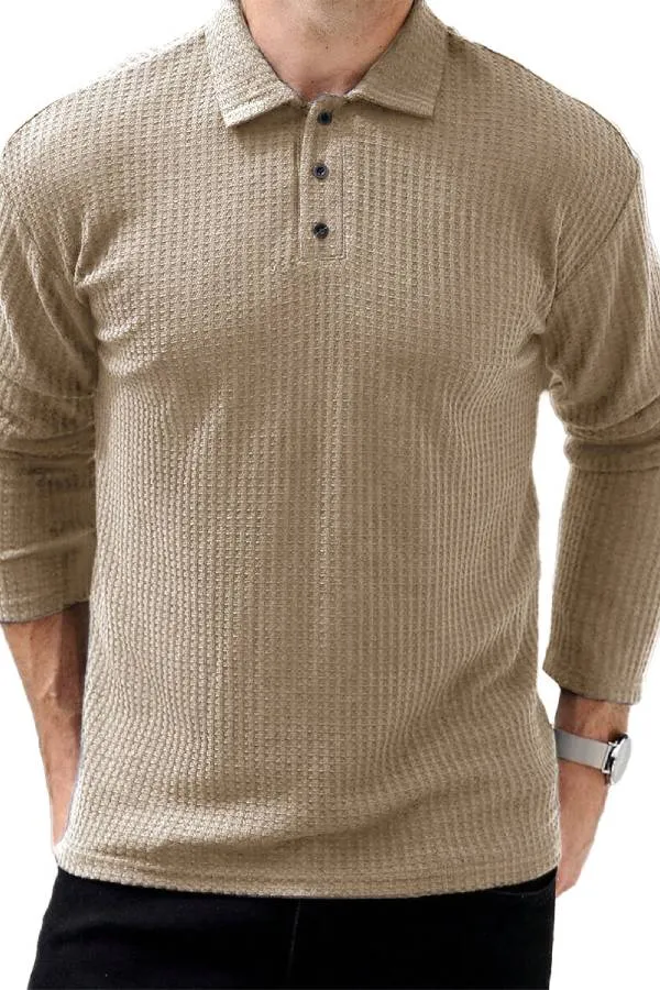Men's Fashion Vintage Waffle Clothing Lapel Long Sleeve Polo Shirt