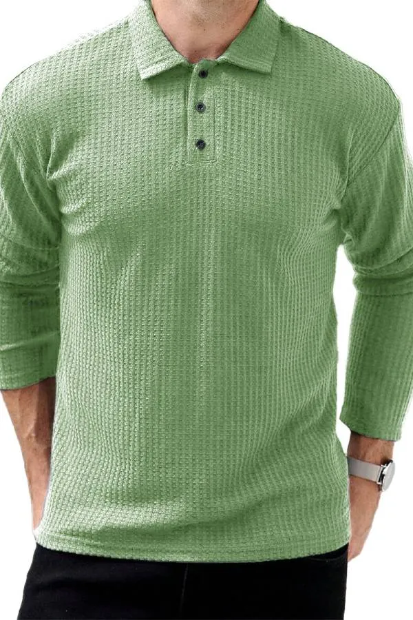 Men's Fashion Vintage Waffle Clothing Lapel Long Sleeve Polo Shirt
