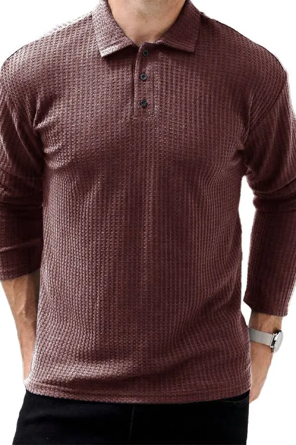 Men's Fashion Vintage Waffle Clothing Lapel Long Sleeve Polo Shirt
