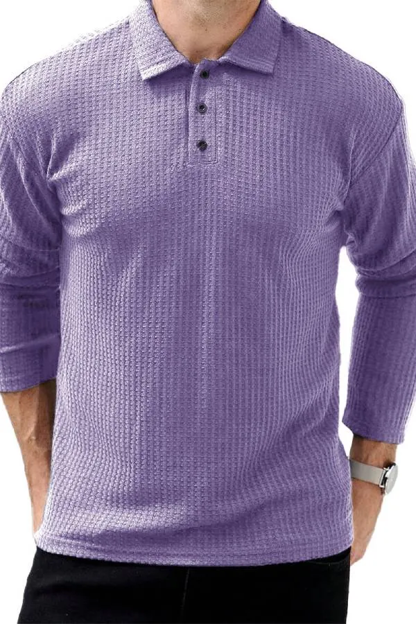 Men's Fashion Vintage Waffle Clothing Lapel Long Sleeve Polo Shirt