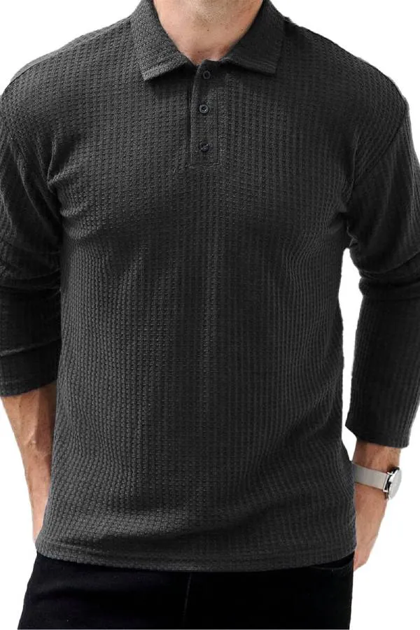 Men's Fashion Vintage Waffle Clothing Lapel Long Sleeve Polo Shirt