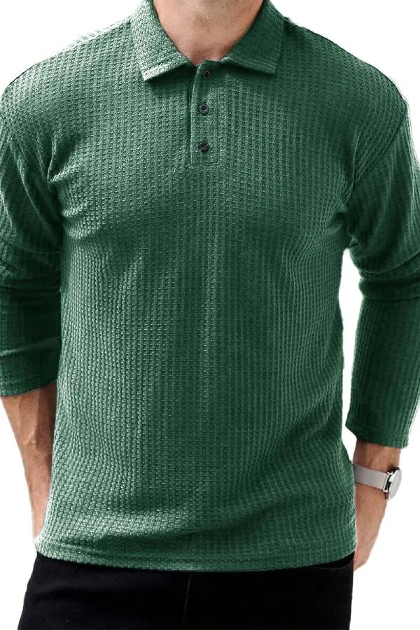 Men's Fashion Vintage Waffle Clothing Lapel Long Sleeve Polo Shirt