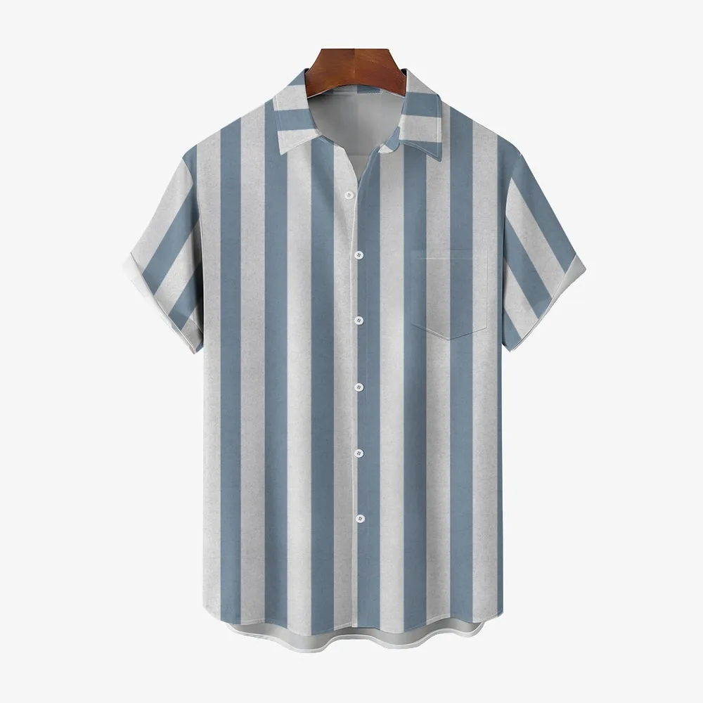 Men's Striped Print Button-Up Short Sleeve Shirt 2406000047