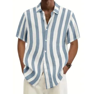 Men's Striped Print Button-Up Short Sleeve Shirt 2406000047