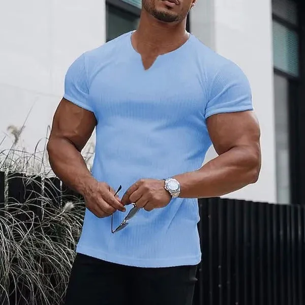 MEN'S V NECK SOLID STRIPED SHORT SLEEVE T-SHIRT
