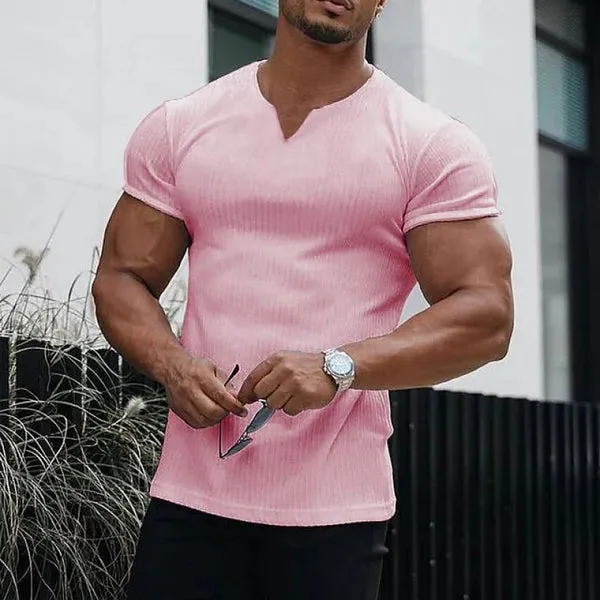 MEN'S V NECK SOLID STRIPED SHORT SLEEVE T-SHIRT