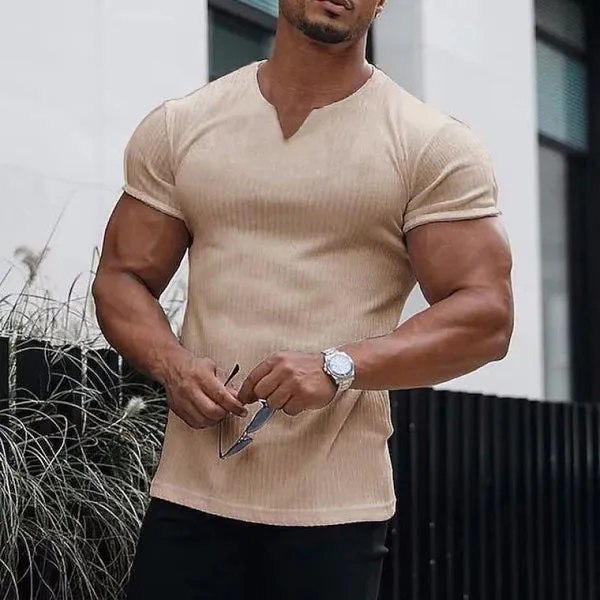 MEN'S V NECK SOLID STRIPED SHORT SLEEVE T-SHIRT