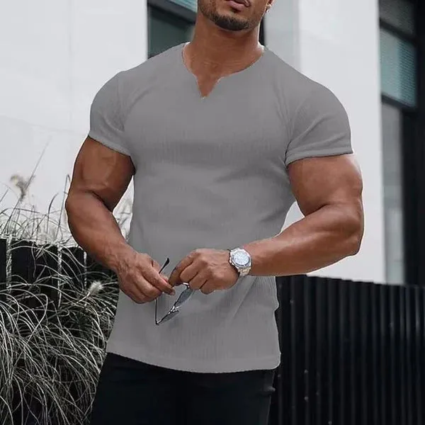 MEN'S V NECK SOLID STRIPED SHORT SLEEVE T-SHIRT