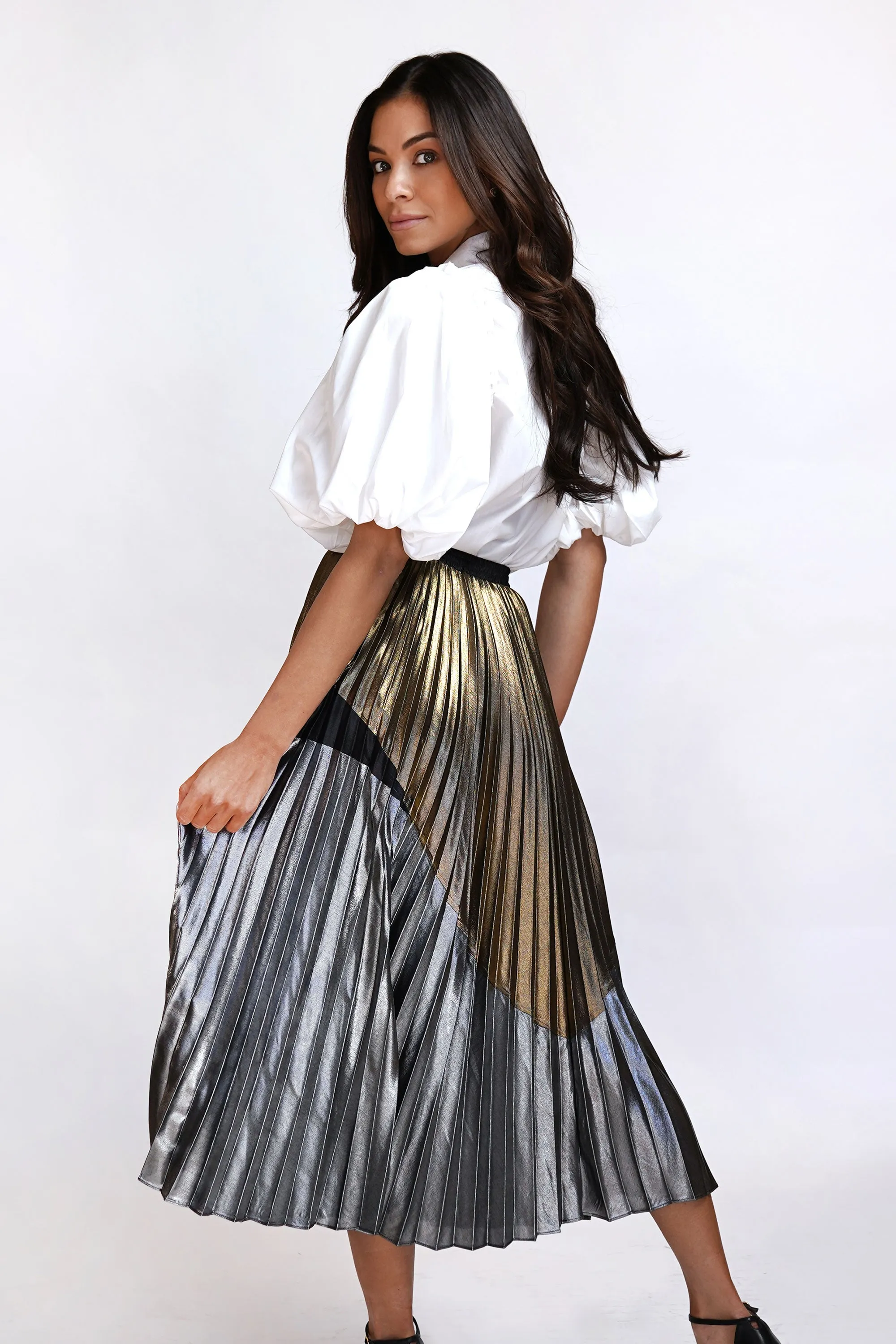 Metallic A-Line Pleated Skirt