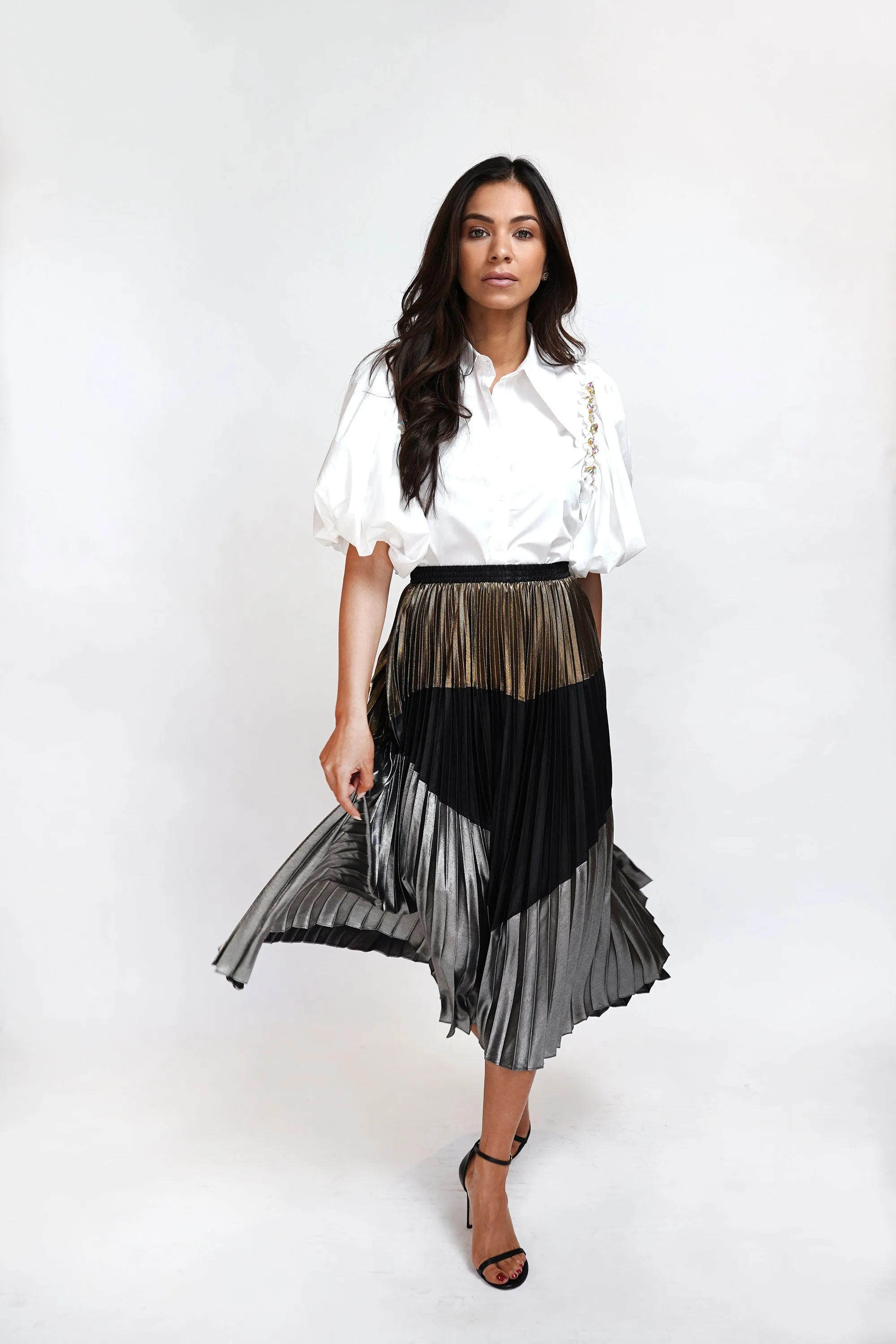 Metallic A-Line Pleated Skirt