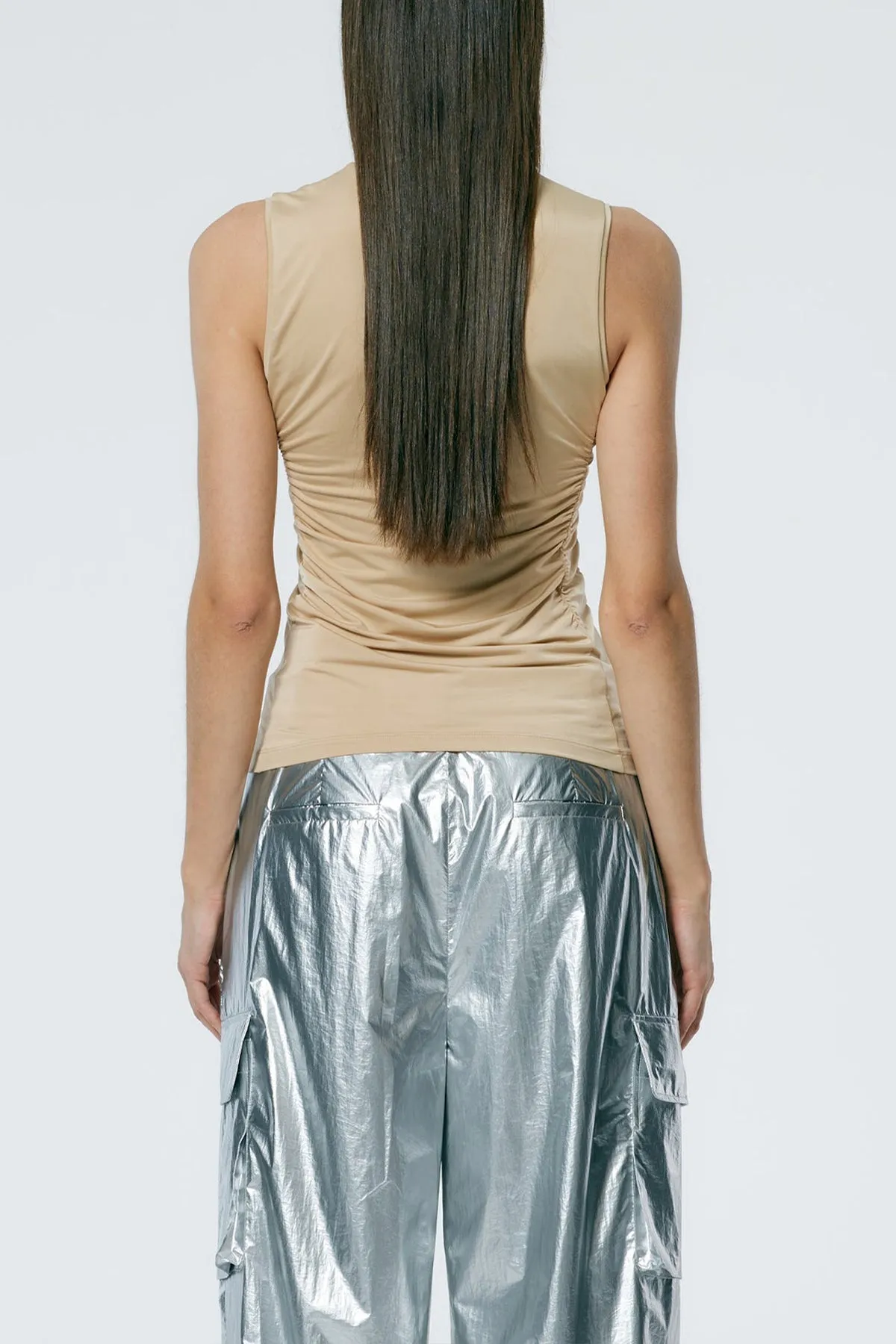 Micro Jersey Shirred Crewneck Top in Nude