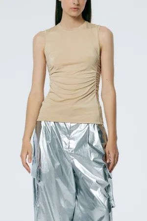 Micro Jersey Shirred Crewneck Top in Nude