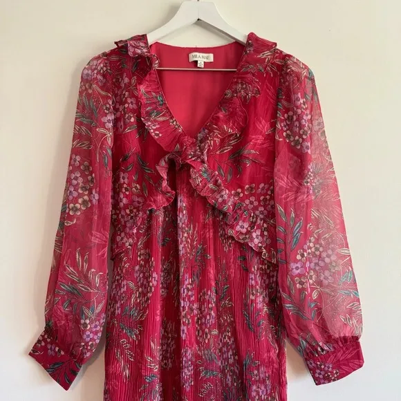 Mila Mae Plissé Ruffle Trim Long Sleeve Midi Dress size small