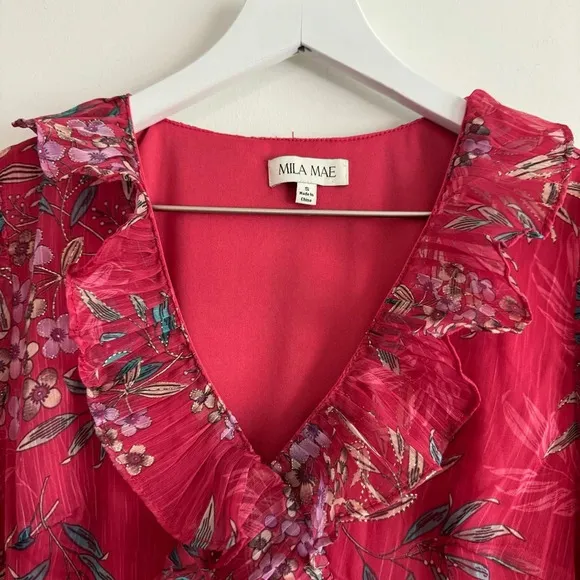Mila Mae Plissé Ruffle Trim Long Sleeve Midi Dress size small