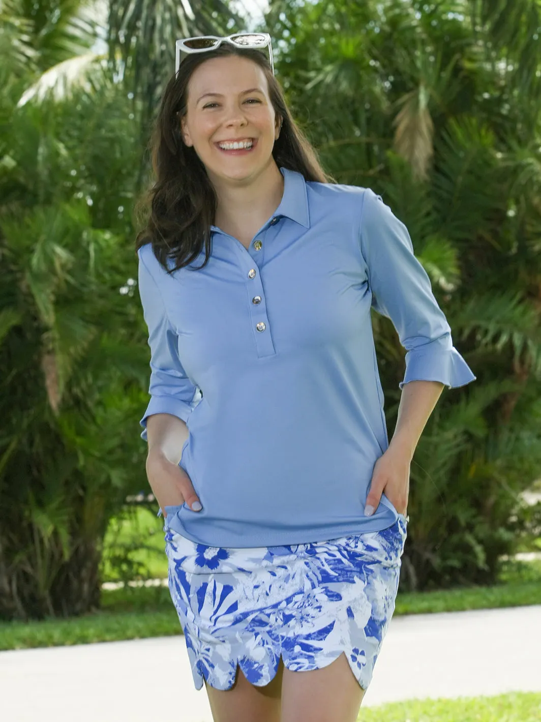 Mira Flounce Sleeve Polo Top Peri